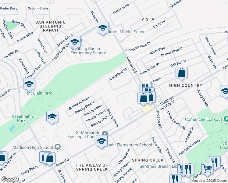 map of restaurants, bars, coffee shops, grocery stores, and more near 5502 Kissing Oak Street in San Antonio