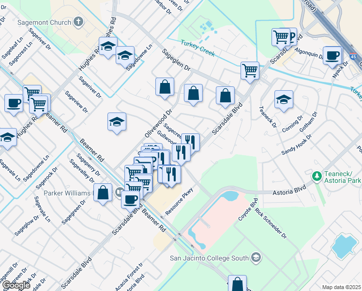 map of restaurants, bars, coffee shops, grocery stores, and more near 11642 Sagecreek Drive in Houston