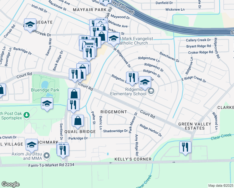 map of restaurants, bars, coffee shops, grocery stores, and more near 5142 Court Road in Houston