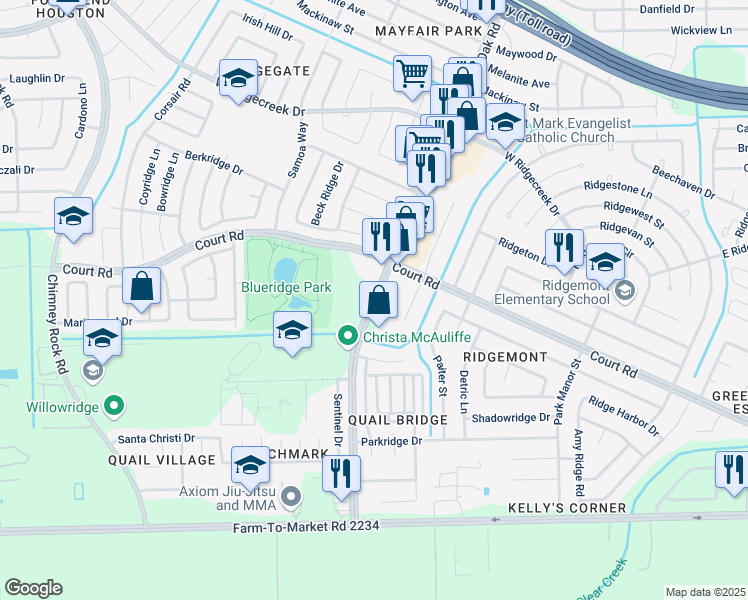 map of restaurants, bars, coffee shops, grocery stores, and more near 16322-16648 South Post Oak Road in Houston