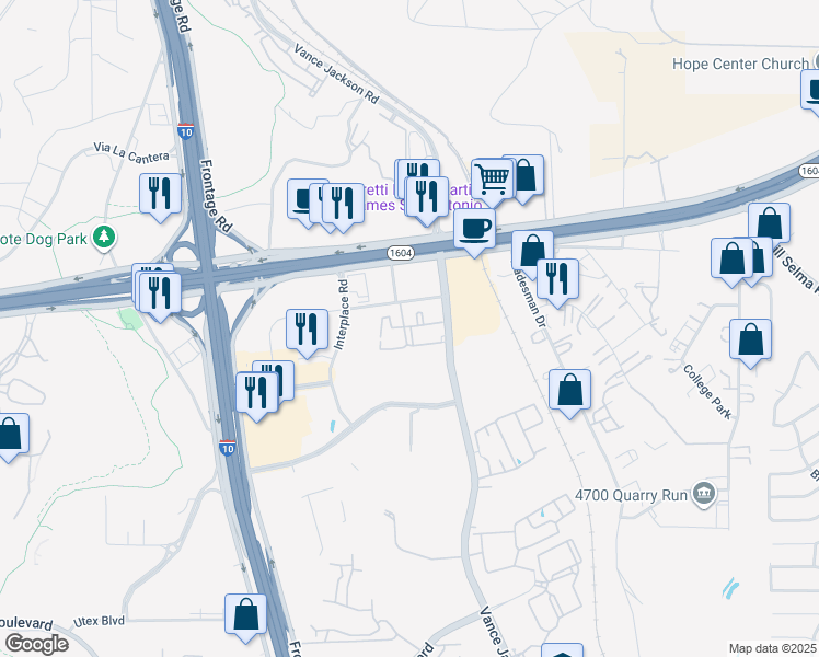 map of restaurants, bars, coffee shops, grocery stores, and more near 15503 Vance Jackson Road in San Antonio