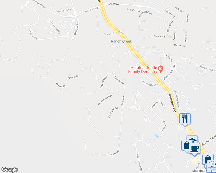 map of restaurants, bars, coffee shops, grocery stores, and more near 15656 Escarpment Oak in Helotes