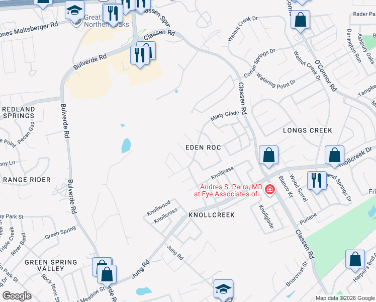 map of restaurants, bars, coffee shops, grocery stores, and more near 16718 Crystal Glade in San Antonio