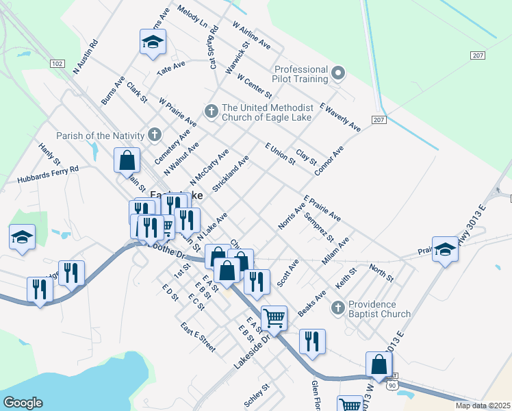 map of restaurants, bars, coffee shops, grocery stores, and more near 416 East State Street in Eagle Lake