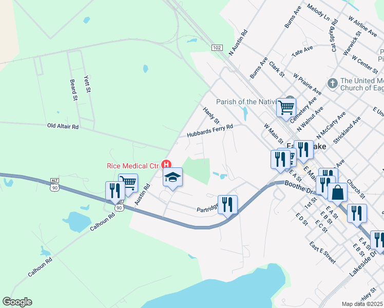 map of restaurants, bars, coffee shops, grocery stores, and more near 1001 Glen Lake Court in Eagle Lake