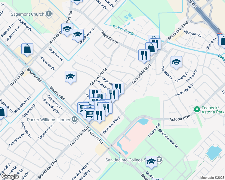 map of restaurants, bars, coffee shops, grocery stores, and more near 11642 Sagecreek Drive in Houston