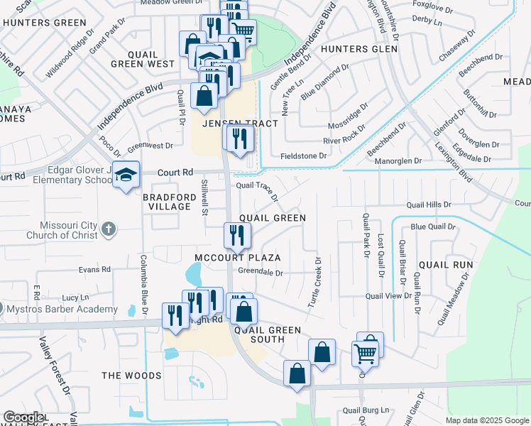 map of restaurants, bars, coffee shops, grocery stores, and more near 1527 Lazy Spring Drive in Missouri City