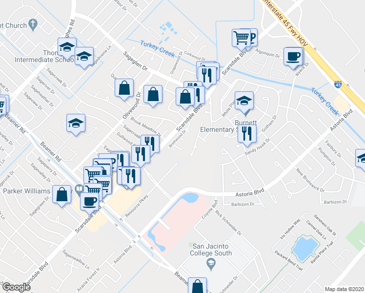 map of restaurants, bars, coffee shops, grocery stores, and more near 11715 Brookmeadow Drive in Houston