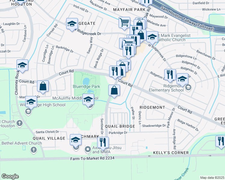 map of restaurants, bars, coffee shops, grocery stores, and more near 16380 South Post Oak Road in Houston