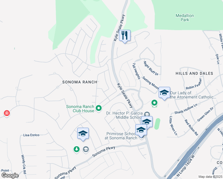 map of restaurants, bars, coffee shops, grocery stores, and more near 8506 Espanola Drive in Helotes