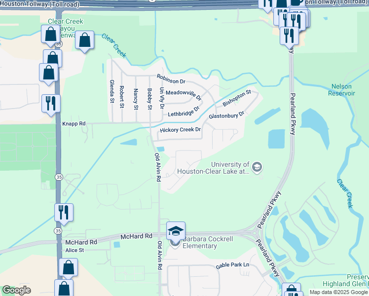 map of restaurants, bars, coffee shops, grocery stores, and more near 3427 Harvest Valley Lane in Pearland