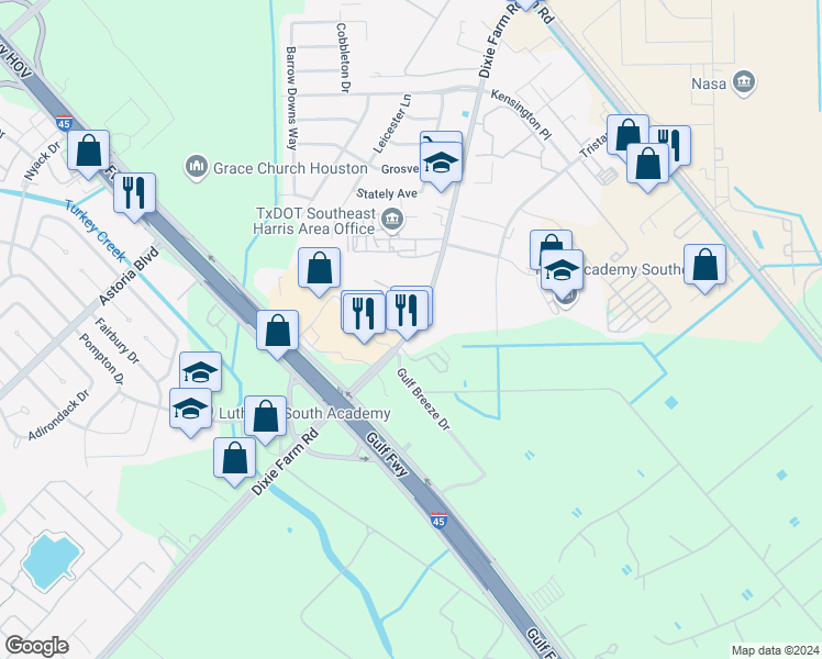 map of restaurants, bars, coffee shops, grocery stores, and more near 950 Farm to Market Road 1959 in Webster