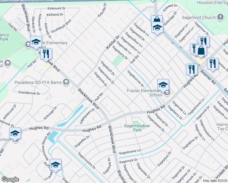 map of restaurants, bars, coffee shops, grocery stores, and more near 10810 Sageyork Drive in Houston