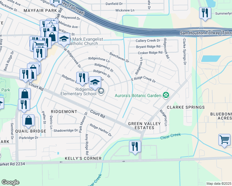 map of restaurants, bars, coffee shops, grocery stores, and more near 4803 Ridgewest Street in Houston