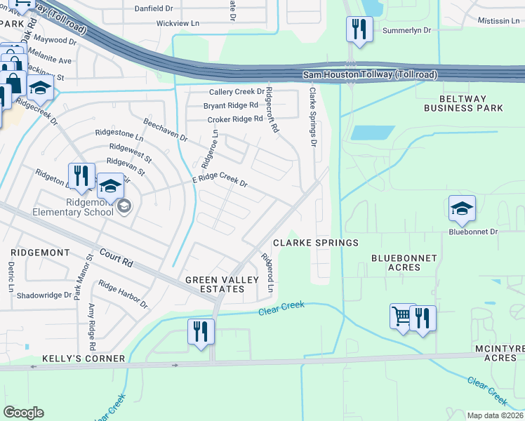 map of restaurants, bars, coffee shops, grocery stores, and more near 15922 Bunker Ridge Road in Houston
