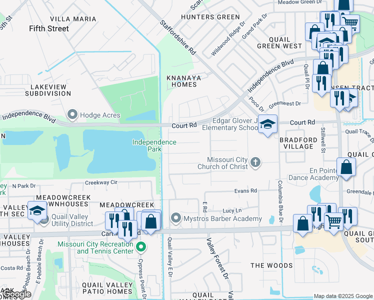 map of restaurants, bars, coffee shops, grocery stores, and more near 2326 Broadgreen Drive in Missouri City