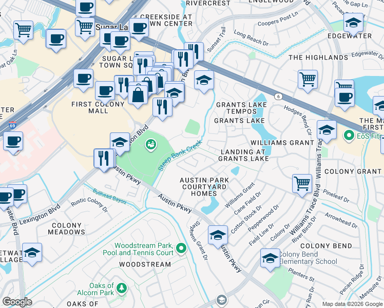 map of restaurants, bars, coffee shops, grocery stores, and more near 2910 Grants Lake Boulevard in Sugar Land