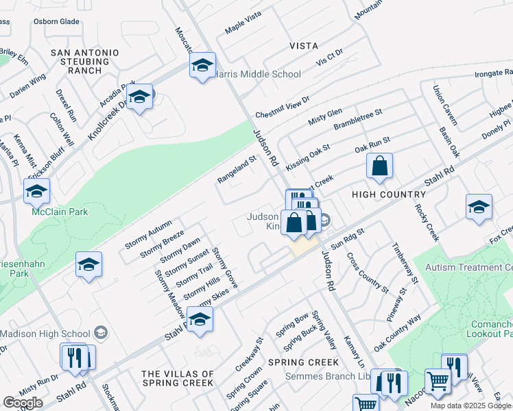 map of restaurants, bars, coffee shops, grocery stores, and more near 5531 Dashing Creek Street in San Antonio