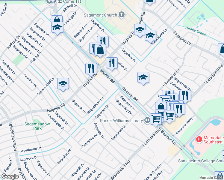 map of restaurants, bars, coffee shops, grocery stores, and more near 10819 Sagerock Drive in Houston