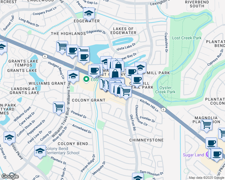 map of restaurants, bars, coffee shops, grocery stores, and more near 99 Highway 6 in Sugar Land