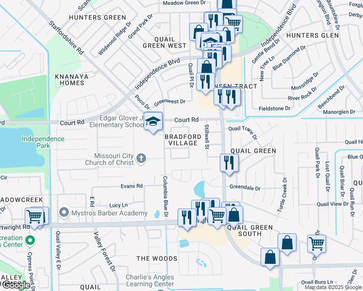 map of restaurants, bars, coffee shops, grocery stores, and more near 1914 Plum Creek Lane in Missouri City