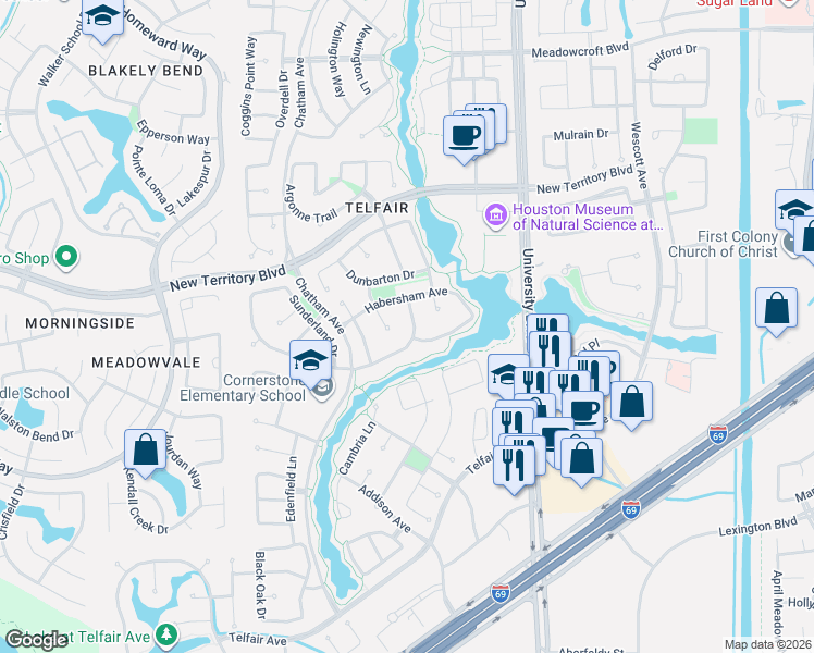 map of restaurants, bars, coffee shops, grocery stores, and more near 1623 Locksley Lane in Sugar Land