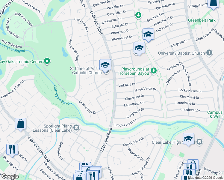 map of restaurants, bars, coffee shops, grocery stores, and more near 2502 Blossom Bay Court in Houston