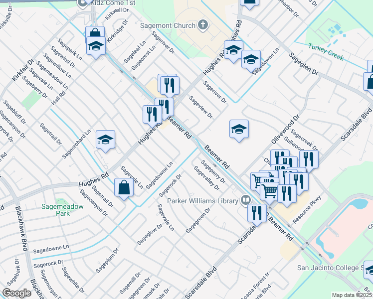 map of restaurants, bars, coffee shops, grocery stores, and more near 10819 Sagerock Drive in Houston