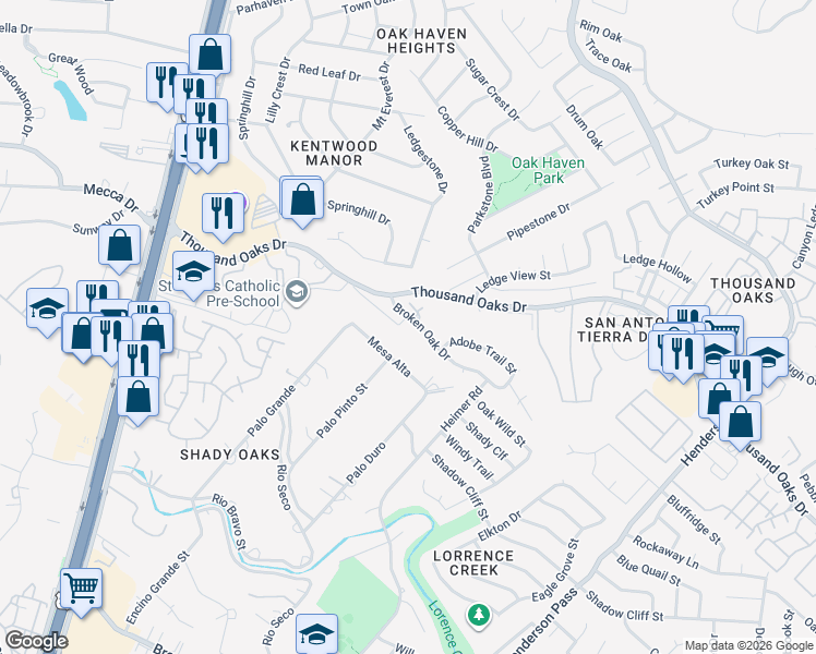 map of restaurants, bars, coffee shops, grocery stores, and more near 1946 Broken Oak Street in San Antonio