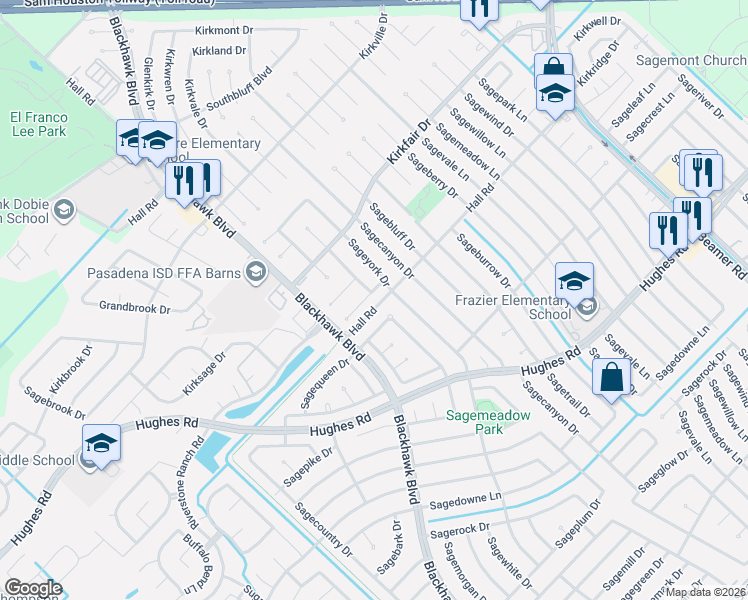map of restaurants, bars, coffee shops, grocery stores, and more near 10110 Kirkbluff Drive in Houston