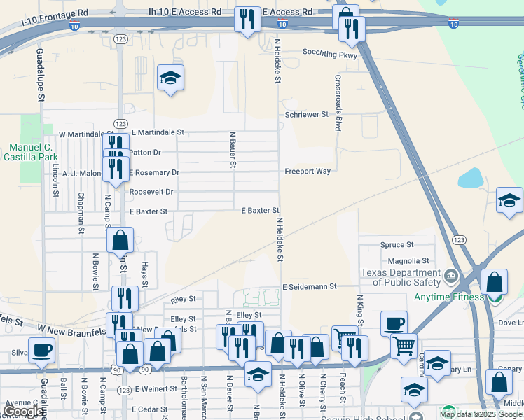 map of restaurants, bars, coffee shops, grocery stores, and more near 814B East Baxter Street in Seguin