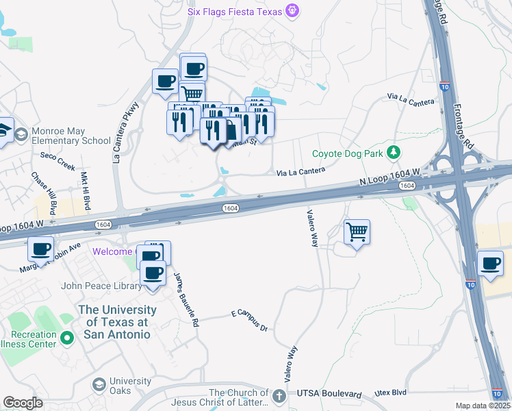 map of restaurants, bars, coffee shops, grocery stores, and more near 6276 Highway 1604 Loop in San Antonio