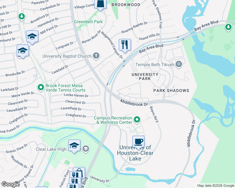 map of restaurants, bars, coffee shops, grocery stores, and more near 15500 Middlebrook Drive in Houston