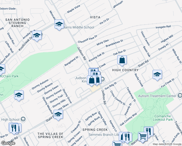 map of restaurants, bars, coffee shops, grocery stores, and more near 16406 Crested Butte Street in San Antonio