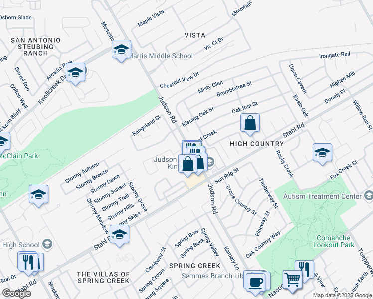 map of restaurants, bars, coffee shops, grocery stores, and more near 16406 Crested Butte Street in San Antonio