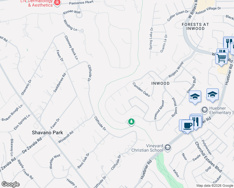 map of restaurants, bars, coffee shops, grocery stores, and more near 2 Lost Timbers in San Antonio