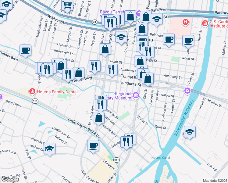 map of restaurants, bars, coffee shops, grocery stores, and more near 1053-1099 Grinage Street in Houma