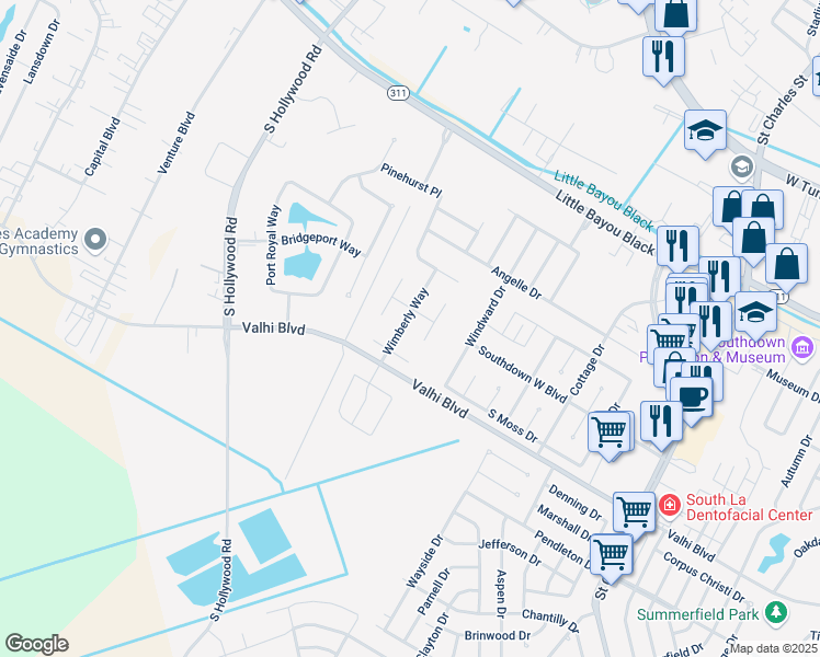 map of restaurants, bars, coffee shops, grocery stores, and more near Wimberly Way in Houma