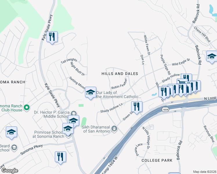 map of restaurants, bars, coffee shops, grocery stores, and more near 15507 Grey Fox Terrace in San Antonio