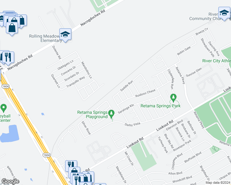 map of restaurants, bars, coffee shops, grocery stores, and more near 7715 Saddle Run in Selma