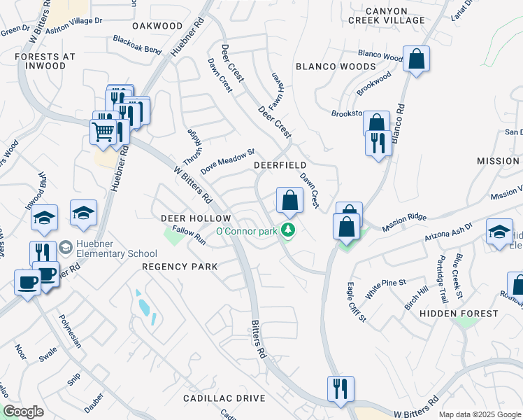 map of restaurants, bars, coffee shops, grocery stores, and more near 1726 Eagle Point in San Antonio