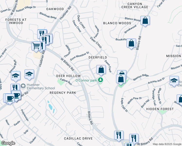 map of restaurants, bars, coffee shops, grocery stores, and more near 1726 Eagle Point in San Antonio