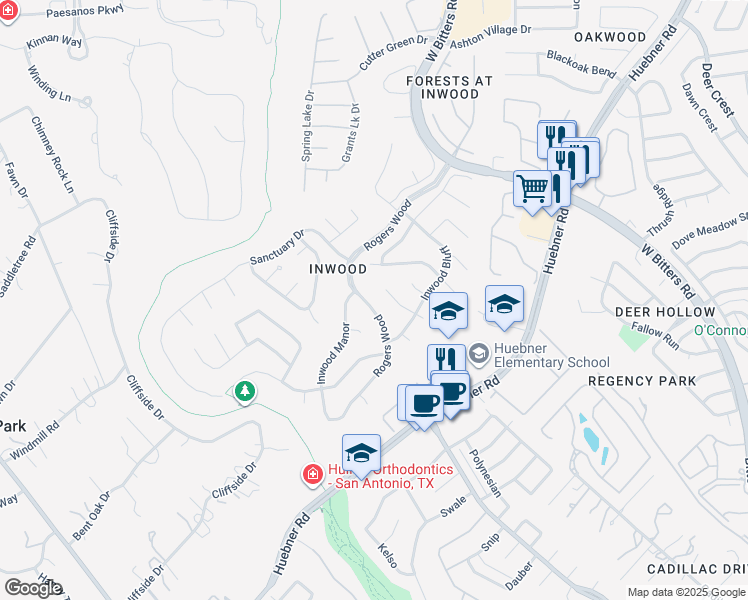 map of restaurants, bars, coffee shops, grocery stores, and more near 9 Rogers Wood in San Antonio