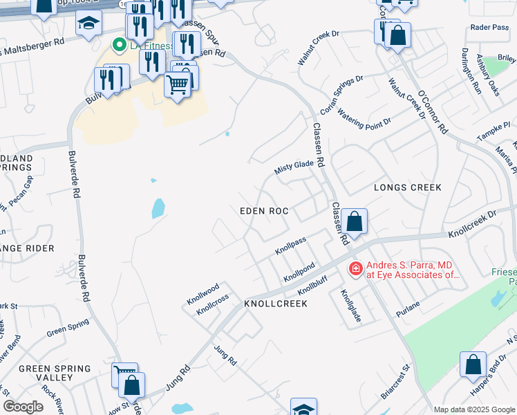 map of restaurants, bars, coffee shops, grocery stores, and more near 16618 Burning Glade in San Antonio