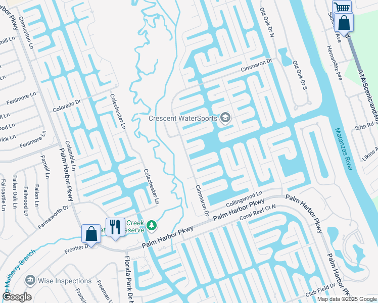map of restaurants, bars, coffee shops, grocery stores, and more near 33 Cimmaron Drive in Palm Coast