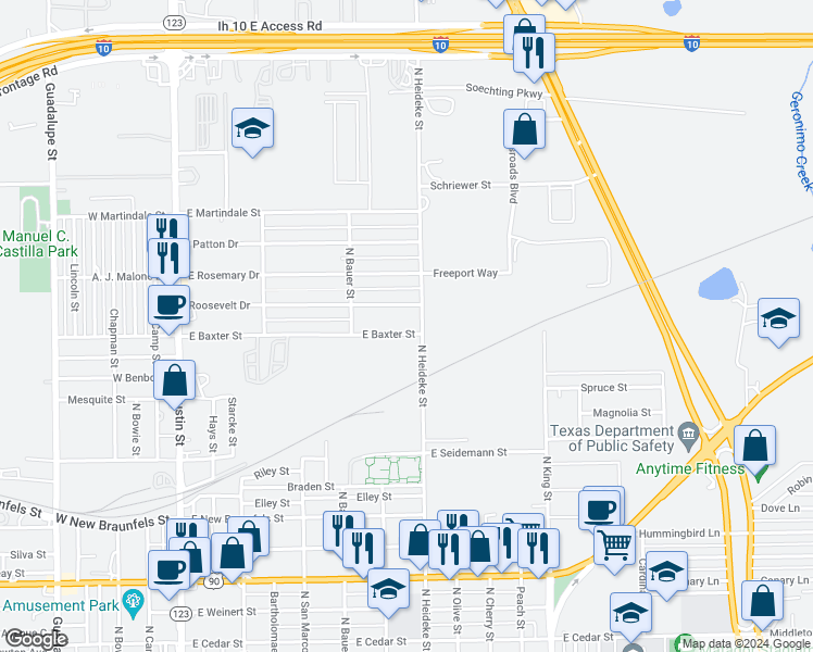map of restaurants, bars, coffee shops, grocery stores, and more near 814B East Baxter Street in Seguin