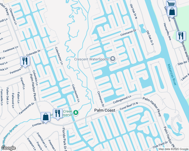 map of restaurants, bars, coffee shops, grocery stores, and more near 33 Cimmaron Drive in Palm Coast