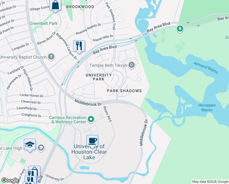 map of restaurants, bars, coffee shops, grocery stores, and more near 12439 Rutgers Park Court in Houston