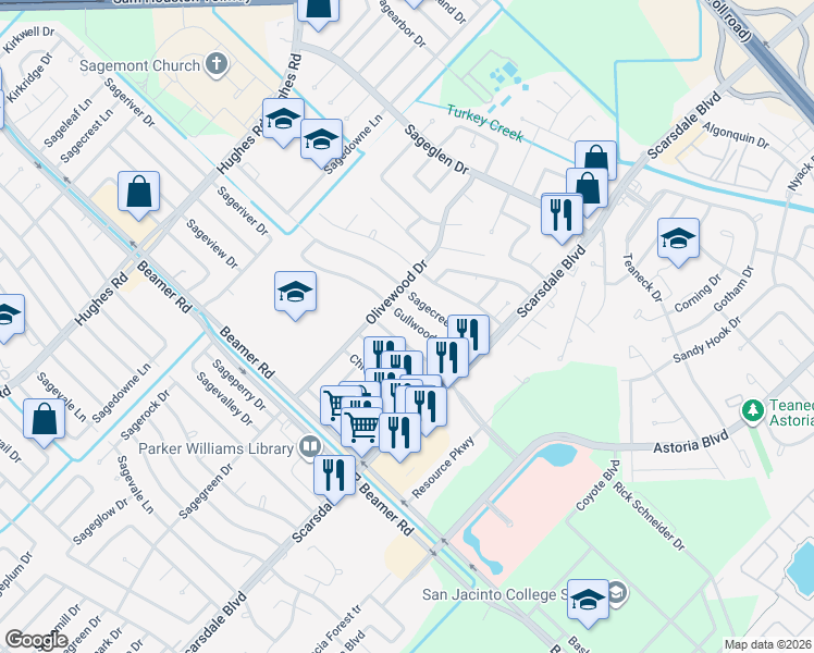map of restaurants, bars, coffee shops, grocery stores, and more near 11610 Gullwood Drive in Houston