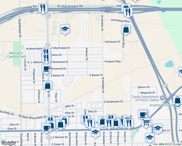 map of restaurants, bars, coffee shops, grocery stores, and more near 2880 Cordova Road in Seguin